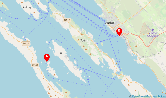 Map of ferry route between Mala Rava and Zadar